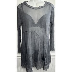 COMFY USA Sheer Dress XS Gray Crinkle Mesh L/S Short Boho Hippie Fairy